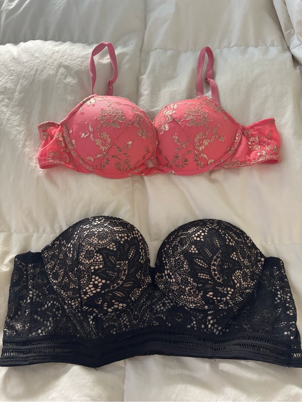 Victoria's Secret Coral Pink & Black Lace Balconette and Longline Bras
